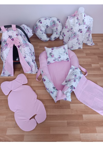 Lila Bisikletli Pembe Oval Yataklı 7 Parça Babynest Seti
