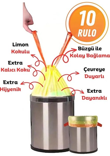 Büzgülü Limon Kokulu Orta Boy Çöp Torbası 55X60 cm 10'lu 10 Rulo