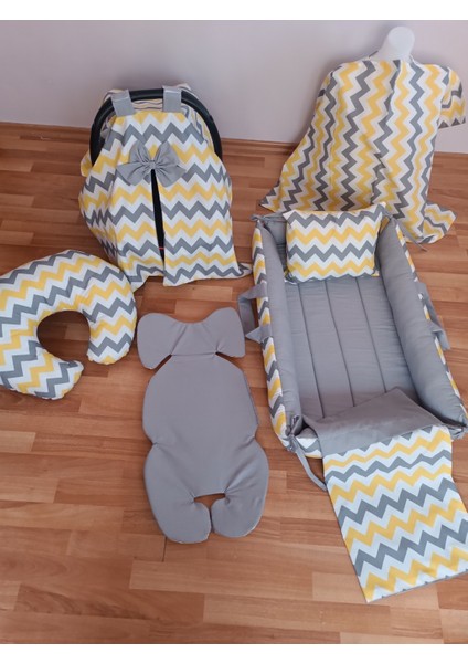 Sarı Zikzak Düz Gri Kare Yataklı 7 Parça Babynest Seti