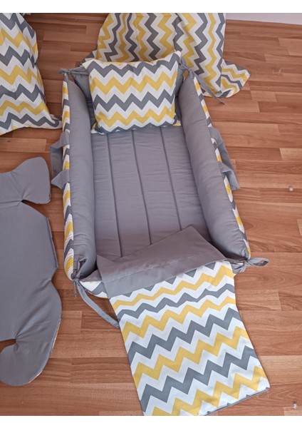 Sarı Zikzak Düz Gri Kare Yataklı 7 Parça Babynest Seti indirimleri