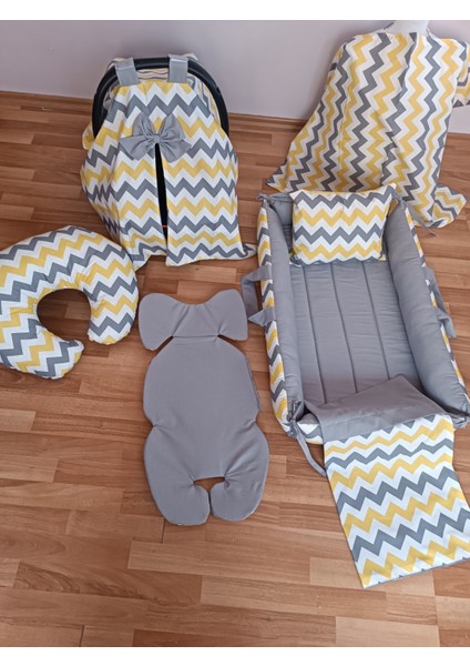Sarı Zikzak Düz Gri Kare Yataklı 7 Parça Babynest Seti