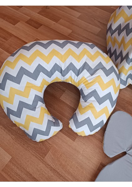 Sarı Zikzak Düz Gri Kare Yataklı 7 Parça Babynest Seti