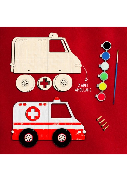 Çocuklar Için Ahşap Ambulans Boyama Seti – Eğlenceli Stem & Maker Aktivitesi,montaj ve Yaratıcı Hobi Kiti
