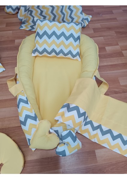 Sarı Zikzak Düz Sarı Oval Yataklı 7 Parça Babynest Seti indirimleri