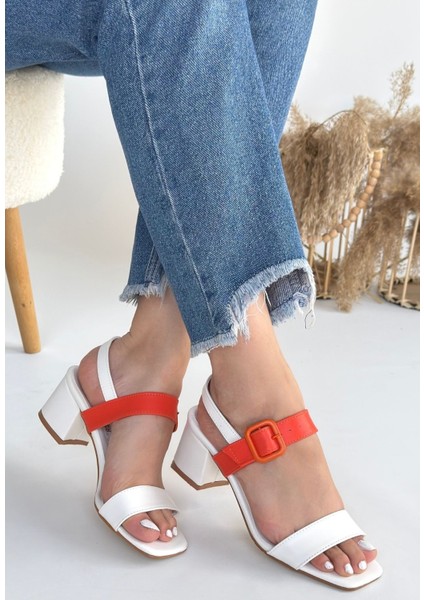 Year Beyaz Cilt Turuncu Detaylı Beyaz Topuklu Ayakkabı - Lisinya