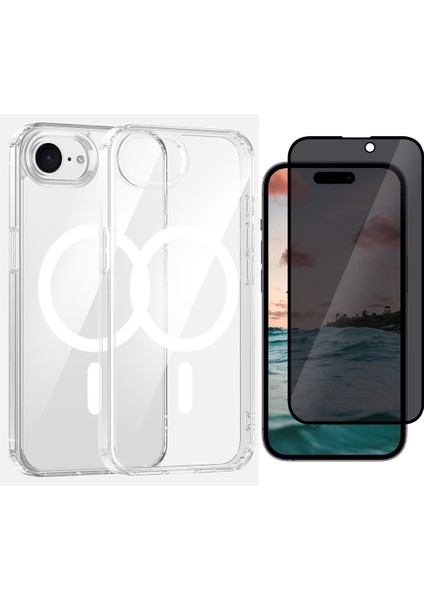 iPhone 16E Kılıf M-safe Şarj Özellikli Şeffaf Sert PC Zore Embos Kapak + Hayalet Ekran Koruyucu