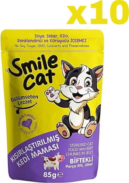 Smıle Kedi Pouch Kısırlaştırılmış Biftekli 10 Adet (1X85GR)