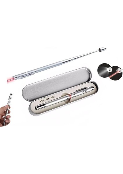 Metal Kutulu Kırmızı Lazerli, LED Işıklı Mıknatıslı Pointer Kalemi Işaretçi Uzayabilen Sunum Çubuğu