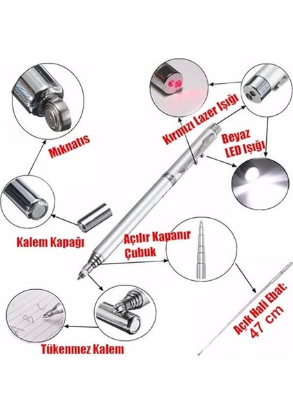 Metal Kutulu Kırmızı Lazerli, LED Işıklı Mıknatıslı Pointer Kalemi Işaretçi Uzayabilen Sunum Çubuğu fırsatları