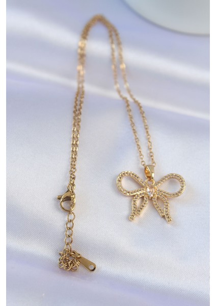 316L Çelik Zincir Gold Renk Zirkon Taşlı Fiyonk Kolye - Lisinya fiyatları