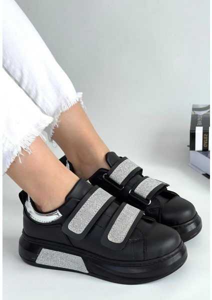 Nino Siyah Cilt Simli Cırt Cırtlı Spor Ayakkabı - Lisinya