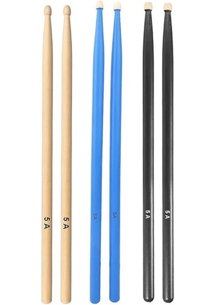 Baget - Davul - 3 Çift Bateri Bageti Drumsticks 5A Pürüzsüz Yüzey Renkli