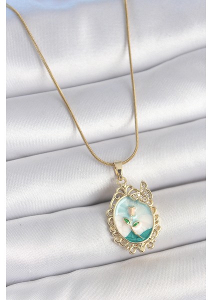 316L Çelik Gold Renk Zincir Mavi Mineli Çiçek Işlemeli Zirkon Taş Detaylı Portre Model Kadın Kolye - Lisinya