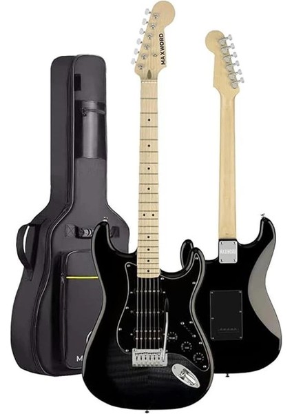 MAP-45BK-25AMP 25W Şarjlı Bt Amfili Siyah Elektro Gitar Seti Hss Manyetik Maple Klavye Strat modelleri
