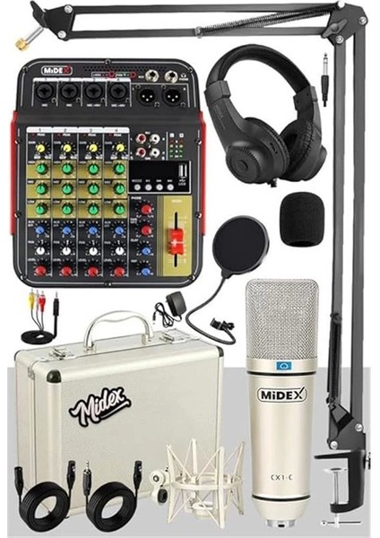 Midex Vokal Paket-2 Cx1 Stüdyo Mikrofon 6 Kanal Stüdyo Kayıt Mikseri Kulaklık Ekipman Seti