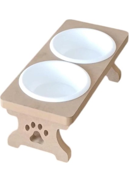 Ahşap Demonte 2 Plastik Taslı Kedi Mama ve Su Kabı Beyaz