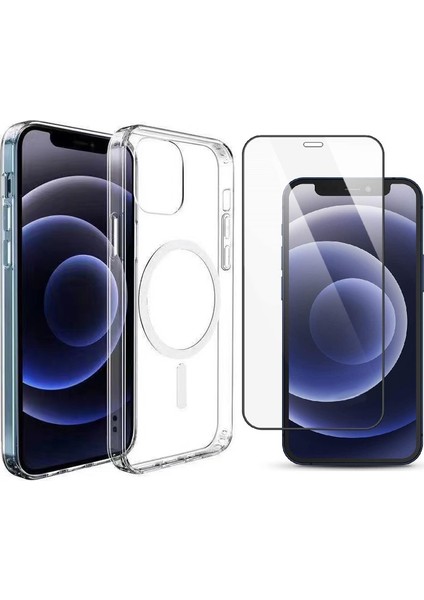 iPhone 12 Mini Kılıf M-Safe Şarj Özellikli Şeffaf Sert Pc Zore Embos Kapak + Cam Ekran Koruyucu
