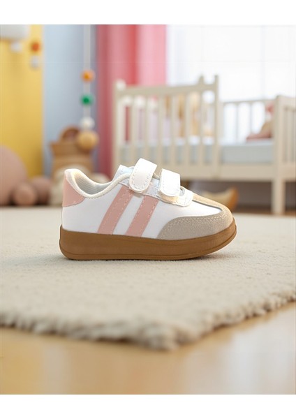 Unisex Rahat Tabanlı Hafif Esnek Ortopedik Cırtlı Günlük Çocuk Sneaker Spor Ayakkabı - Beyaz-Pudra