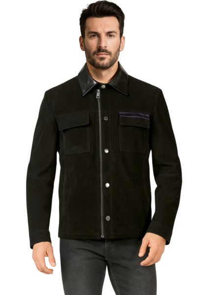 Oscar Hakiki Süet Deri Erkek Siyah Deri Detaylı Ceket