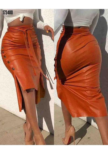 Kadın Yüksek Bel Kuşaklı Yanlardan Düğmeli Mini Deri Etek, Kırmızı Gül Figürlü Kolye Hediye fırsatları