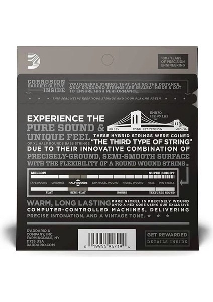D'addario ENR70 Bass Xl Nickel Saitensatz 0,10 cm - 0,24 cm (.040 - .095 Zoll) modelleri