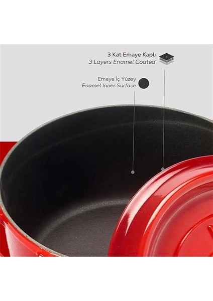 Döküm Yuvarlak Tencere, Trendy, 24 Cm, 4.49 L Hacim, Kırmızı