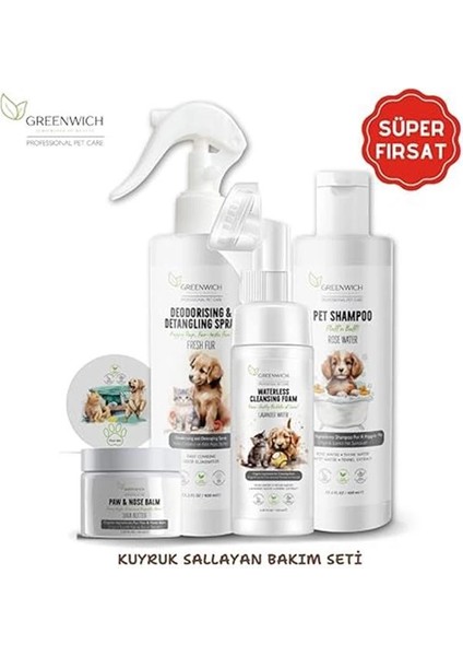 Kuyruk Sallayan Bakım Seti | Şampuan | Pati Burun Balm | Tüy Açıcı Sprey | Pati Köpük | Kedi Köpek
