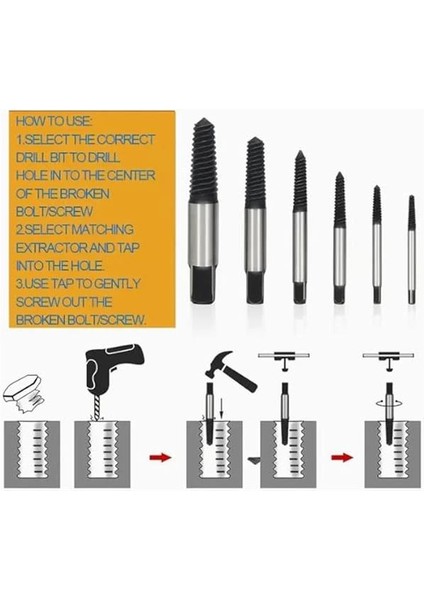 ® 6'lı Profesyonel Vida Çıkarma Seti Kırık Civata Kılavuz Çıkarıcı Hasarlı Dönmeyen Sıkışmış