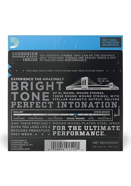 D'addario EXL110-7 Elektro Gitar Tel Seti, 7 Telli, Xl, 10-59, Nickel fiyatları