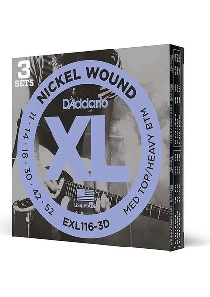 D'addario EXL116 Nikel Sargı Elektrikli Gitar Teli, Orta Üst/ağır Alt, 11-52, 3 Set (EXL116-3D)