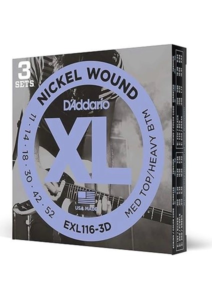 D'addario EXL116 Nikel Sargı Elektrikli Gitar Teli, Orta Üst/ağır Alt, 11-52, 3 Set (EXL116-3D)