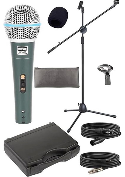 LV-680ST Ayaklı Kablolu Dinamik Mikrofon (Stand Cüzdan Çift Kablo Sünger Tutacak)