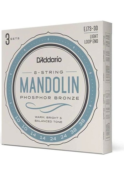 D'addario EJ73 Mandolin, Fosfor Bronz, Hafif Gerilim, 10-38, 3 Set