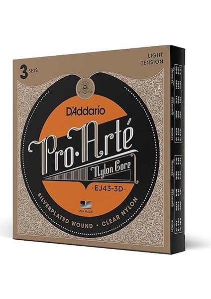 D'addario EJ43 Pro-Arte Naylon Teller, Klasik Gitar Için, Hafif Gerilim, 3 Set