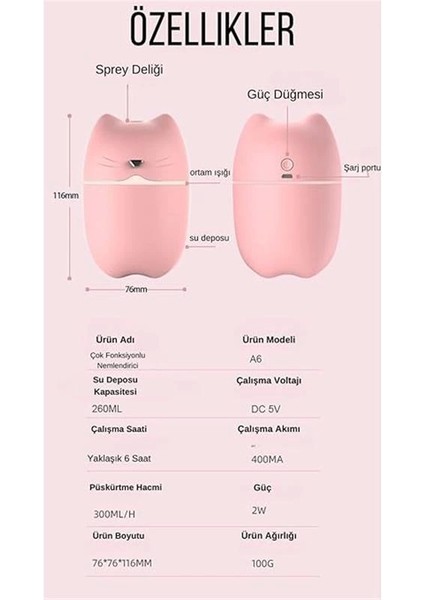 Kedi Şekilli Hava Nemlendirici Taşınabilir Buhar Makinesi Aroma Difüzörü H2O TP-1005 indirimleri
