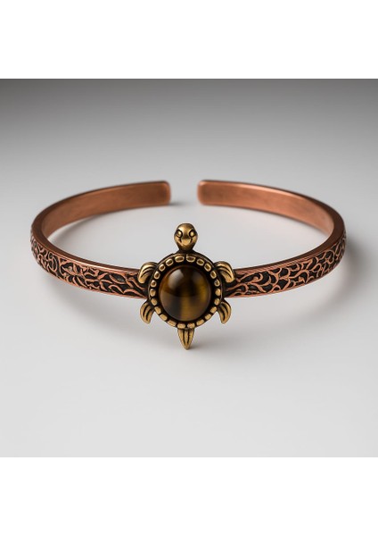 Kaplangözü Doğal Taşlı Kaplumbağa Figürlü Saf Bakır Otantik Bilezik Doğal Taş