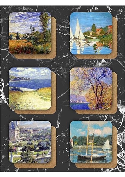 Claude Monet Temalı Ahşap Bardak Altlığı Ahşap Baskılı Altlık 6'lı Set (9 X9CM) modelleri