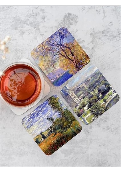 Claude Monet Temalı Ahşap Bardak Altlığı Ahşap Baskılı Altlık 6'lı Set (9 X9CM) fırsatları