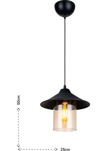 Fötr Tekli Sarkıt Avize – Siyah Modern Tasarım, Camlı Göbekli, 25x50 cm E27 Uyumlu