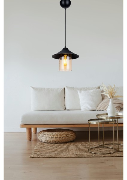 Fötr Tekli Sarkıt Avize – Siyah Modern Tasarım, Camlı Göbekli, 25x50 cm E27 Uyumlu modelleri