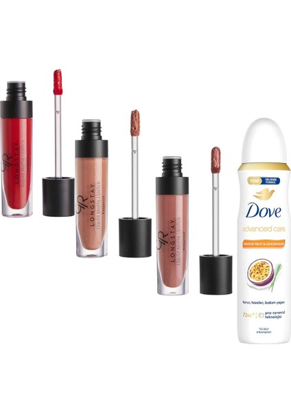 Uzun Süre Kalıcı Likit Mat Ruj 3 Lü Set 11-09-22 + Dove Sprey Deodorant Passion&lemongrass 150 ml fiyatları
