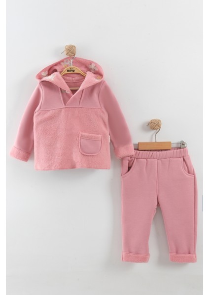 Kız Bebek Çiçek Nakışlı Kapüşonlu Kanguru Model Eşofman Takım (9-12-18 Ay)
