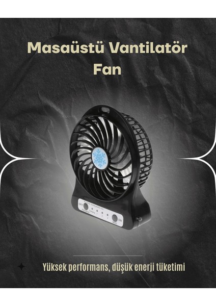 Şarjlı USB Fan – Masaüstü Mini Vantilatör, Taşınabilir, Işıklı, 3 Kademeli, Sessiz
