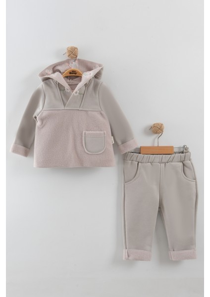 Kız Bebek Çiçek Nakışlı Kapüşonlu Kanguru Model Eşofman Takım (9-12-18 Ay)