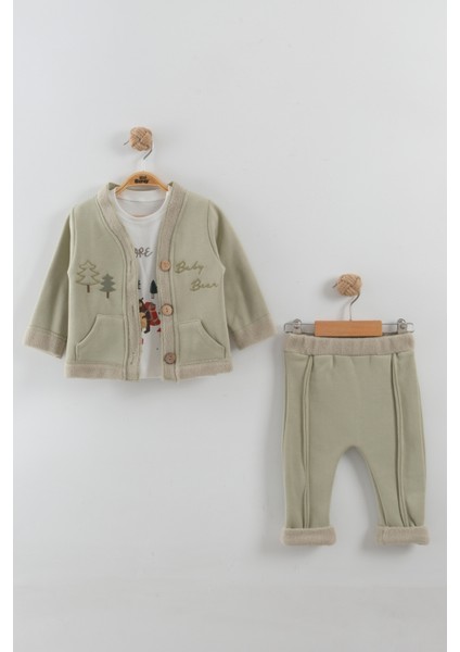 Erkek Bebek Çam Ağaç Nakışlı Hırka Tişört Pantlon 3'lü Takım (9-12-18 Ay)