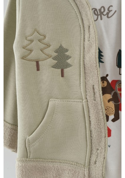 Erkek Bebek Çam Ağaç Nakışlı Hırka Tişört Pantlon 3'lü Takım (9-12-18 Ay) fiyatları