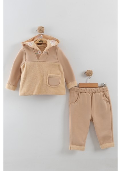 Kız Bebek Çiçek Nakışlı Kapüşonlu Kanguru Model Eşofman Takım (9-12-18 Ay)