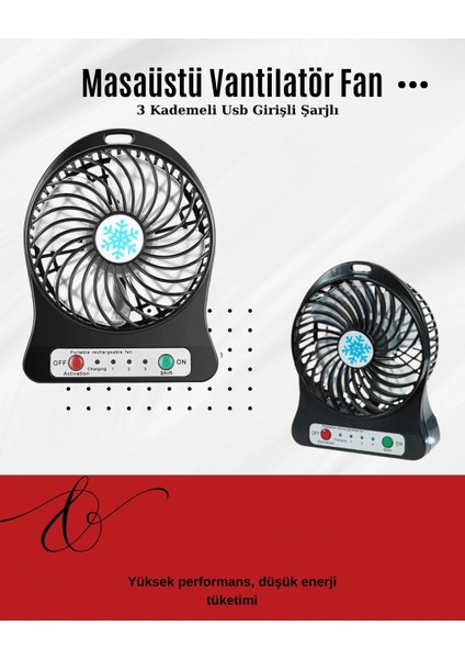 USB Girişli Taşınabilir Masaüstü Mini Fan – 3 Kademeli Hız, Şarjlı, Işıklı, Sessiz Çalışma