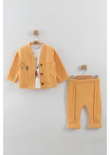 Erkek Bebek Çam Ağaç Nakışlı Hırka Tişört Pantlon 3'lü Takım (9-12-18 Ay)