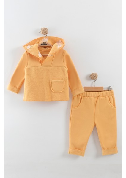 Kız Bebek Çiçek Nakışlı Kapüşonlu Kanguru Model Eşofman Takım (9-12-18 Ay)